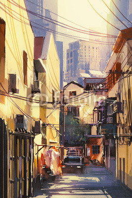 painting of narrow street with buildings,city on a sunny day