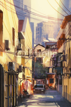 Naklejki painting of narrow street with buildings,city on a sunny day