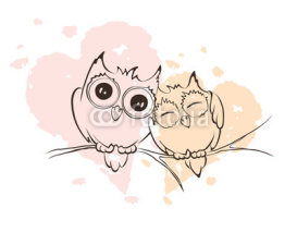Naklejki Illustration - love owls on a branch