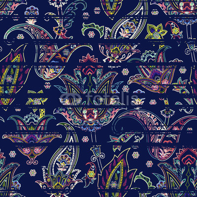 Seamless paisley pattern on striped scribble background. Ethnic floral motif