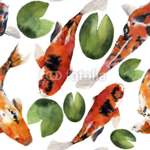 Naklejki Watercolor oriental rainbow carp with water lily seamless pattern. Koi fishes ornament isolated on white background. Underwater illustration for design, background or fabric 