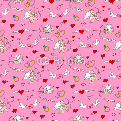 Seamless pattern with angels and hearts in doodle style. Valentines Day. Romantic love hand draw on pink background