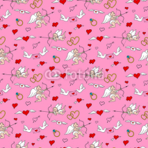 Fototapety Seamless pattern with angels and hearts in doodle style. Valentines Day. Romantic love hand draw on pink background