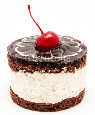 Chocolate cake with cherry on the top icing isolated on a white