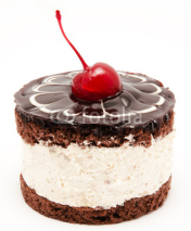 Naklejki Chocolate cake with cherry on the top icing isolated on a white