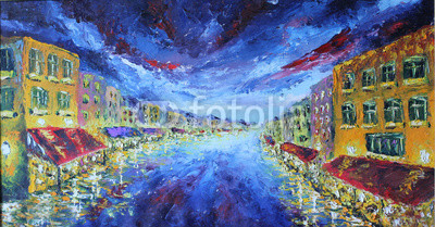 Night cityscape oil painting