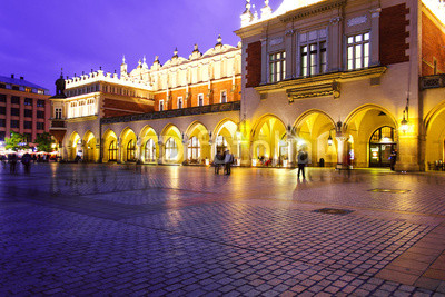 Cloth hall on the main market square in Krakow, Poland, during golden hour