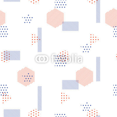 Memphis style vector seamless pattern with geometric shapes. Blue red striped triangles and circles fine print background.