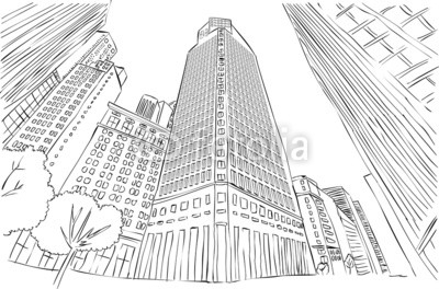 Big black and white city landscape with buildings