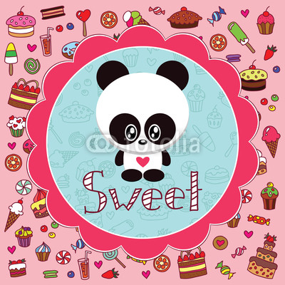 Baby card with little panda against the background of sweets