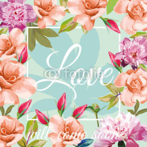 slogan love will come soon aqua mint rose peony background