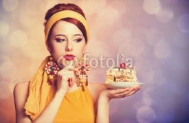 Fototapety Style redhead girl with cake.