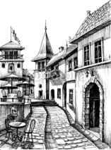 Naklejki Old peaceful city drawing, restaurant terrace sketch