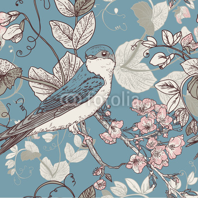 Niebieskie tło z ilustracją ptaszka na gałązce w stylu vintage