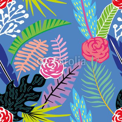Cartoon tropical flowers and leaves seamless blue background