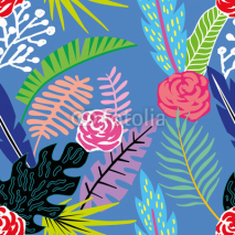 Obrazy i plakaty Cartoon tropical flowers and leaves seamless blue background