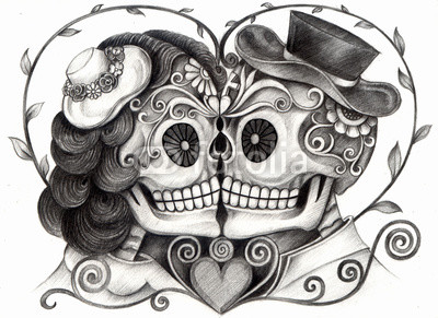 Art Skull Day of the dead.Art design skull wedding in love action smiley face day of the dead festival hand pencil drawing on paper.