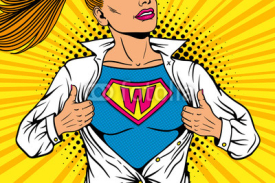 Fototapety Pop art female superhero. Young sexy woman dressed in white jacket shows superhero t-shirt with W sign means Woman on the chest flies smiling. Vector illustration in retro pop art comic style.