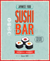 Naklejki Vintage Sushi Bar Poster. Vector illustration.