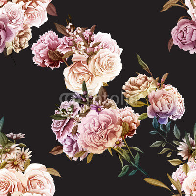Roses, Carnations, Peony with leaves. Seamless background pattern. Different flowers on black. Bouquet of flowers. Vector - stock