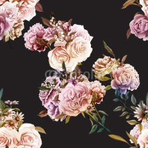 Fototapety Roses, Carnations, Peony with leaves. Seamless background pattern. Different flowers on black. Bouquet of flowers. Vector - stock