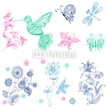 Obrazy i plakaty Spring & Summer Doodles - bird, butterflies, flowers