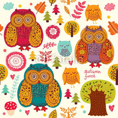 Vector seamless pattern with owls and trees