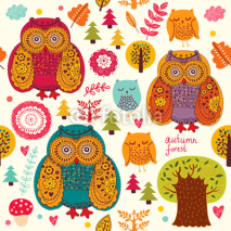 Naklejki Vector seamless pattern with owls and trees
