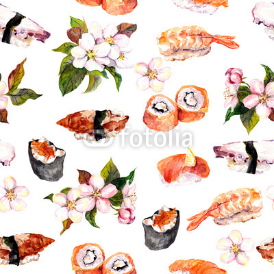 Sushi, sakura flowers seamless repeat pattern. Watercolor food