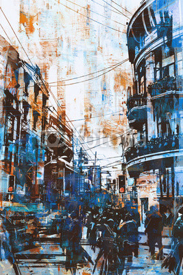 illustration painting of urban street with grunge texture