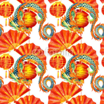 Fototapety Chinese Dragon watercolor seamless pattern.