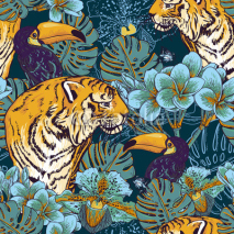 Naklejki Tropical floral seamless background with Tiger