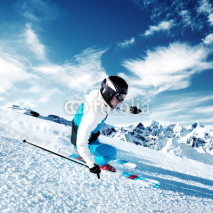 Fototapety Skier in mountains, prepared piste