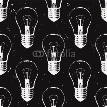 Naklejki Vector grunge seamless pattern with light bulbs. Modern hipster sketch style. Idea and creative thinking concept.