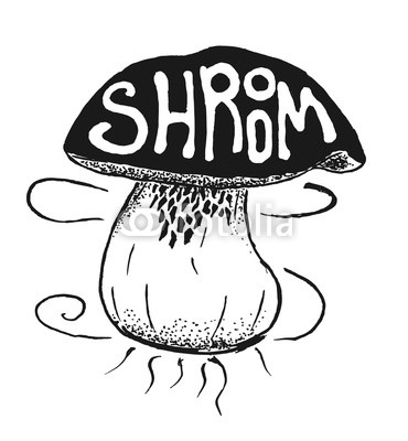 Lettering composition. Phrase shroom inscribed into inked mushroom print.