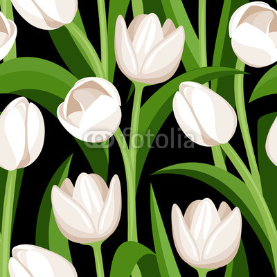 Seamless pattern with white tulips on black. Vector illustration