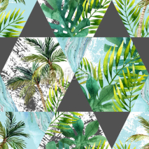 Fototapety Watercolor tropical leaves and palm trees in geometric shapes seamless pattern