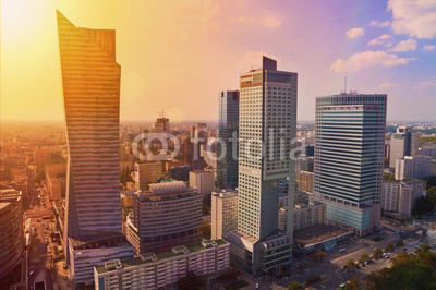 Warsaw downtown - aerial photo of modern skyscrapers at sunset