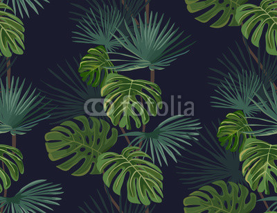 Seamless pattern with tropical leaves. Hand drawn background.