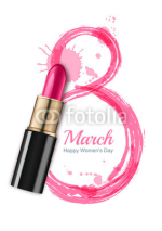 8 March vector greeting card, International Women's Day. Pink lipstick and watercolor number eight, isolated on white background. Concept for holiday banner, poster, background with place for text.