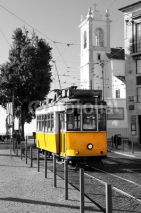 Obrazy i plakaty Lisbon old yellow tram over black and white background