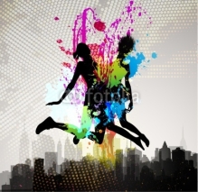 Obrazy i plakaty Girls jumping over city.