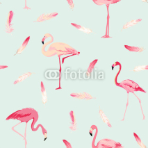 Fototapety Flamingo Bird Background. Flamingo Feather Background. Retro Seamless Pattern