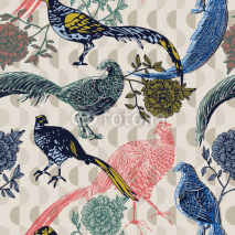 Naklejki Vintage background with birds and flowers, fashion pattern