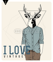 Ilustracja/portret hipstera z głową jelenia w stylu vintage