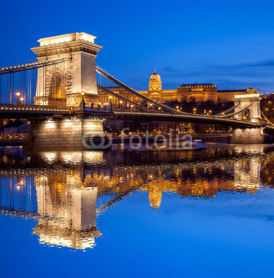 Budapest castle and chain bridge in the evening, Hungary