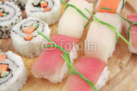 Fototapety Maki Roll with Deep Fried Vegetables inside and Nigiri sushi