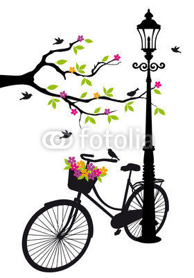 bicycle with lamp, flowers and tree, vector