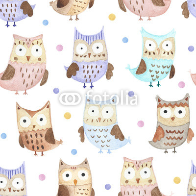 Watercolor owls and dots seamless pattern