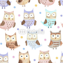 Fototapety Watercolor owls and dots seamless pattern